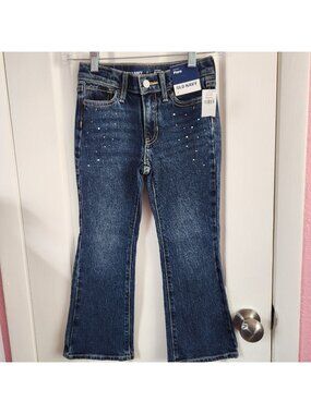 Old Navy Girls High-Rise Flare Jeans With Rhinestone Accents Size 7 Blue Denim